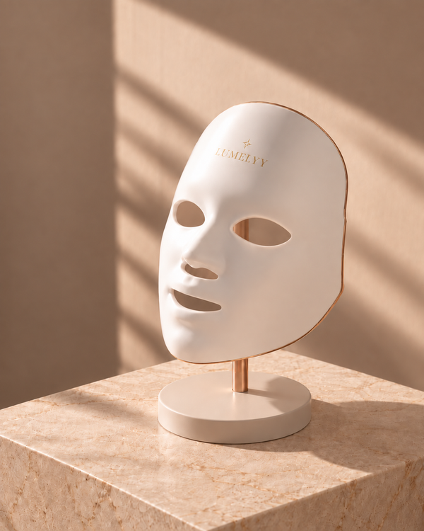 Lumelyy Glow LED light therapy face mask on a stand