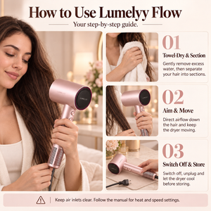 How to use Lumelyy Flow: towel-dry and section hair, aim the airflow down the hair, then switch off and let the dryer cool