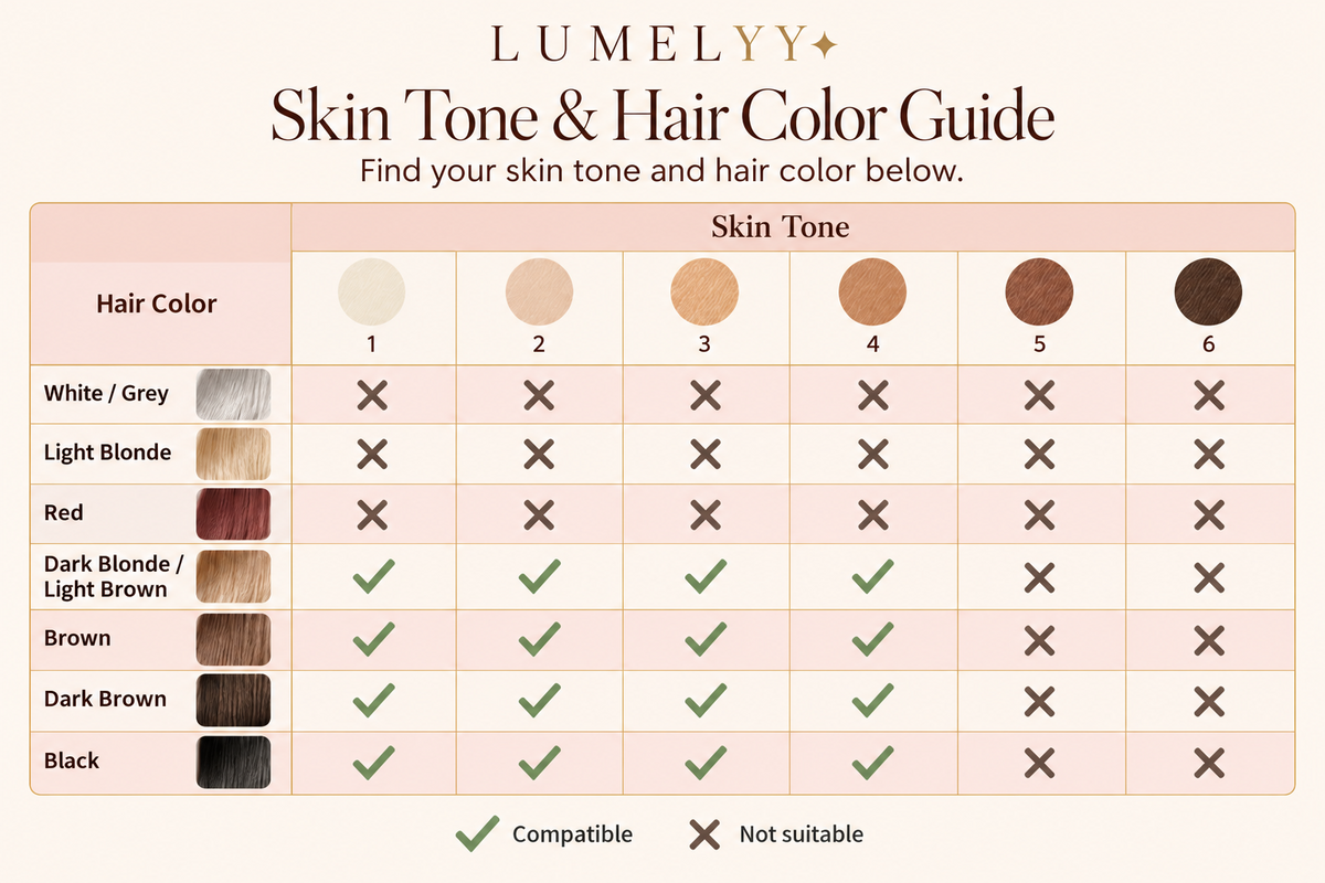 Lumelyy skin tone and hair color guide: compatible with skin tones 1 to 4 and dark blonde, light brown, brown, dark brown or black hair; not suitable for skin tones 5 and 6 or for white, grey, light blonde or red hair.
