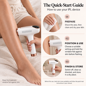 Lumelyy Smooth quick-start guide: prepare and shave the skin, hold the window flat against the skin to flash, then switch off, clean and store