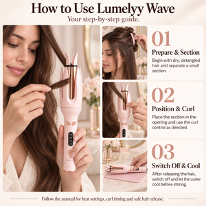 How to use Lumelyy Wave: section dry hair, place it in the curler opening to curl, then switch off and let it cool